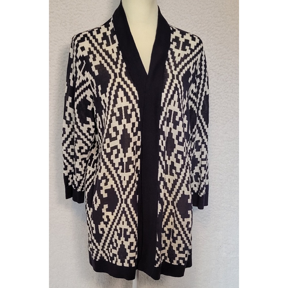 Talbots Open Front Sweater Blue White Size 2X Geometric 3/4 Sleeve Aztec 1266
